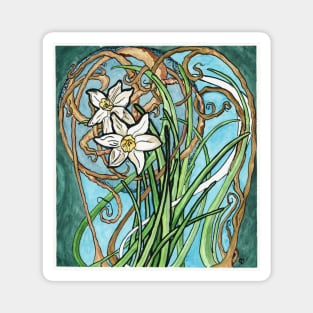 Two Daffodils and Branches Painting in Art Nouveau Style Magnet