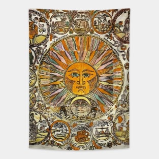 SUN AND MOON ,ZODIACAL SIGNS, ANTIQUE RUSSIAN ASTROLOGY  WOODCUT Tapestry