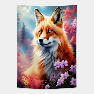 Red Fox with Flowers and Forests Tapestry