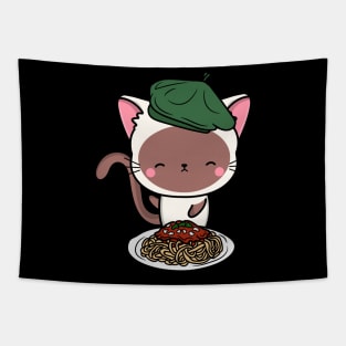 Cat eating Spaghetti - White Cat Tapestry