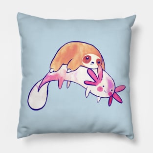 Little Sloth and Big Axolotl Watercolor Pillow