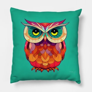 Colorful Owl Portrait Illustration - Bright Vibrant Colors Bohemian Style Feathers Psychedelic Bird Animal Rainbow Colored Art Pillow