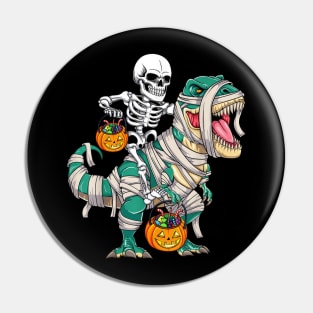 Skeleton Riding Mummy Dinosaur Funny Halloween Pin