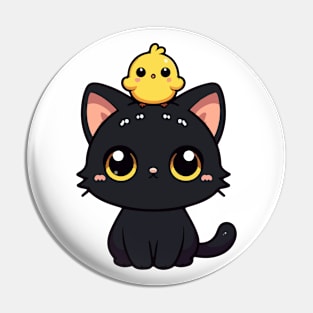 Cute Black Cat And Yellow Bird Pin