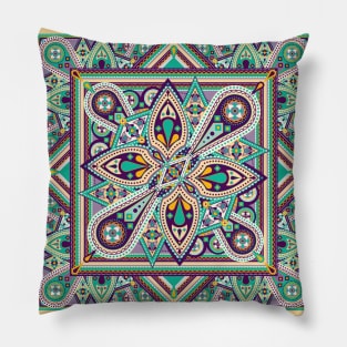 Teal and Purple Ornamental Mandala Pillow