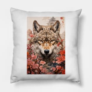 Red Flowers Wolf Pillow