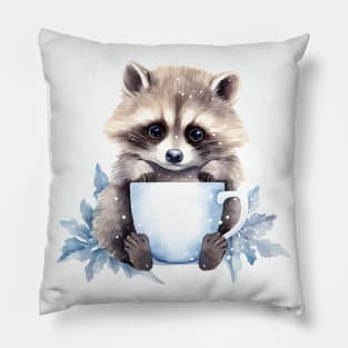 Cute raccoon with a cup of coffee watercolor Pillow