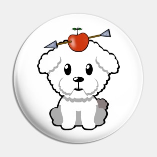 Cute furry dog has an apple and arrow on head Pin