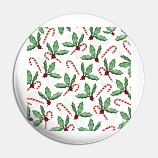 Green Holly Leaves Red Berries Candy Cane Paint Pin