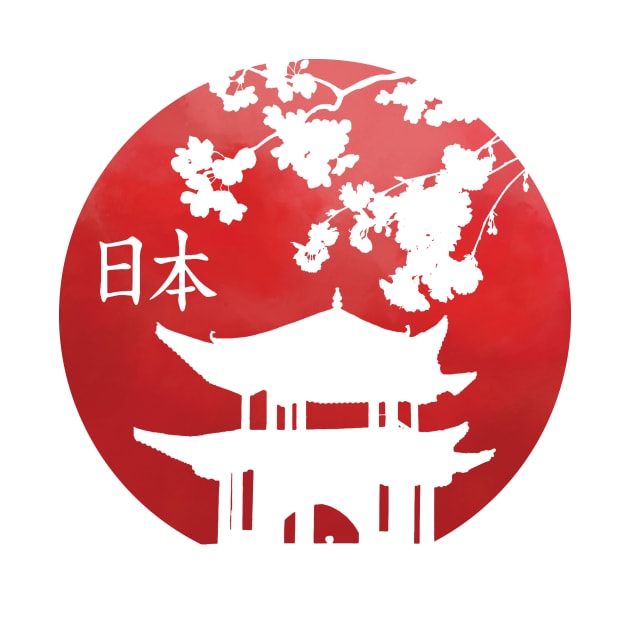 Vintage comic Japanese flag with solhouette of temple, sakura, kanji | Nature by Vane22april