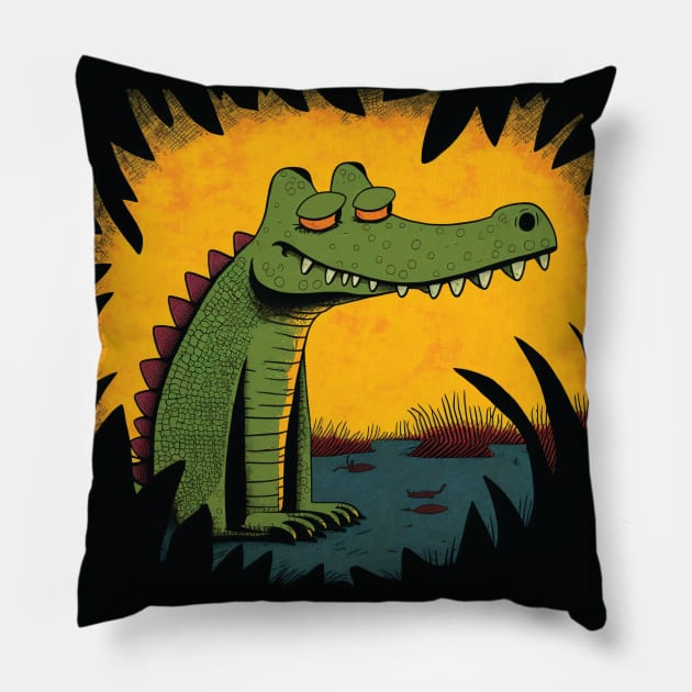 Sly Crocodile Illustration Pillow by Geminiartstudio