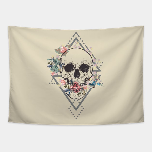 Skull Floral Boho Tapestry by Manlangit Digital Studio