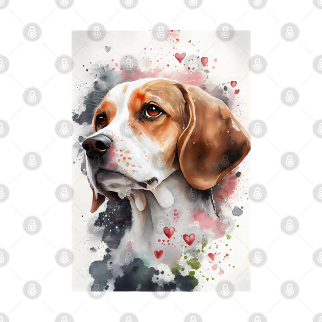 A Watercolor Beagle Dog With Valentine Hearts by designs4days