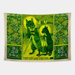 THE CAT AND THE FOX Forest Animals Yellow Green Floral Tapestry