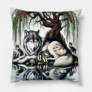 Serene Wolf Family Oasis in Idyllic Nature Pillow