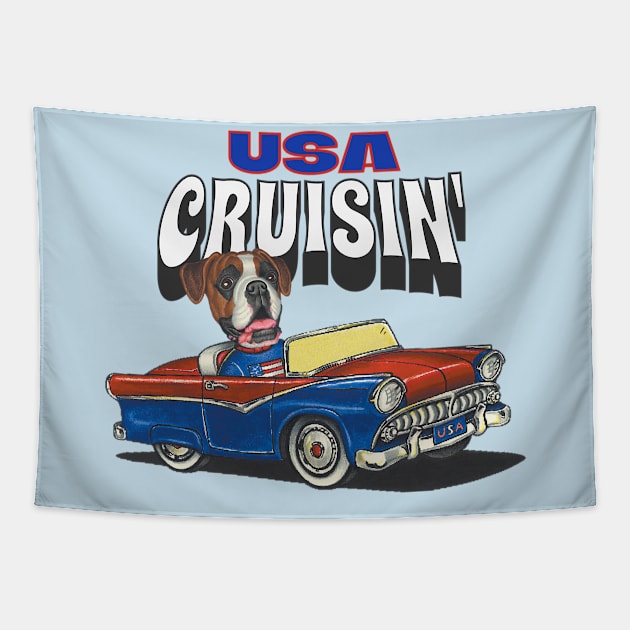 Funny and Cute Boxer dog driving a vintage classic car Tapestry by Danny Gordon Art