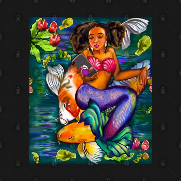 Mermaid checking her phone with Koi fish in koi pond with plants and flowers by Artonmytee