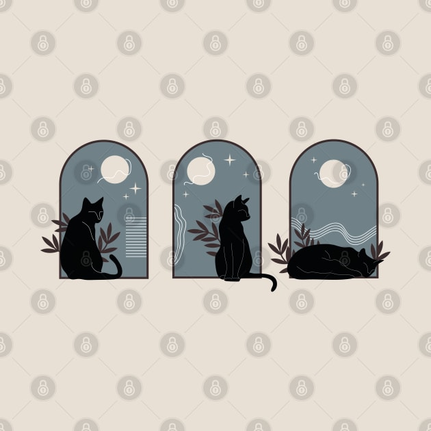 Three minimalist black cats with plants in boho vintage style by ArtistryWhims