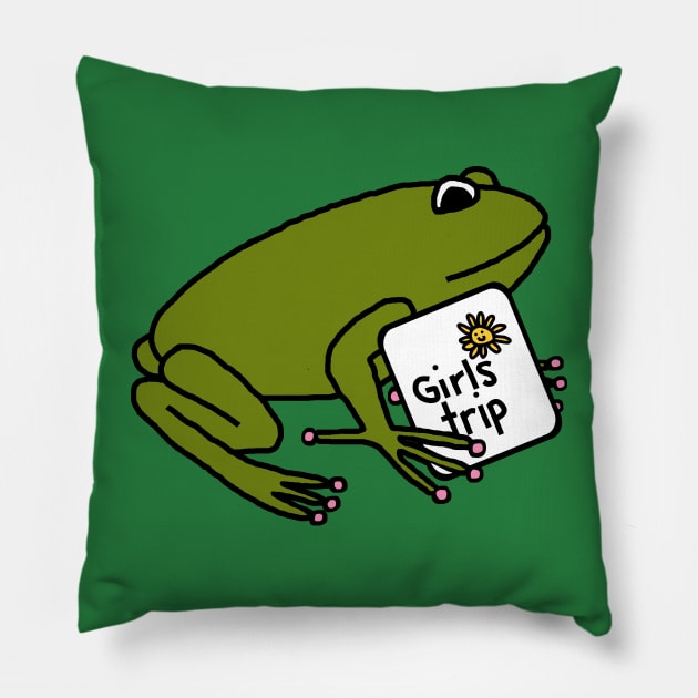 Green Frog goes on Girls Trip Pillow by ellenhenryart