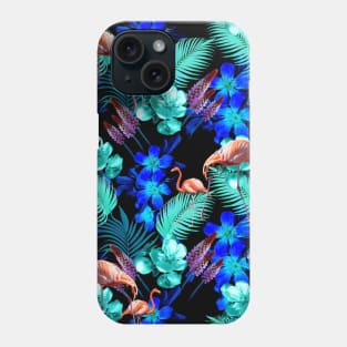 Flamingo Palm, Blue Flowers, Black Phone Case