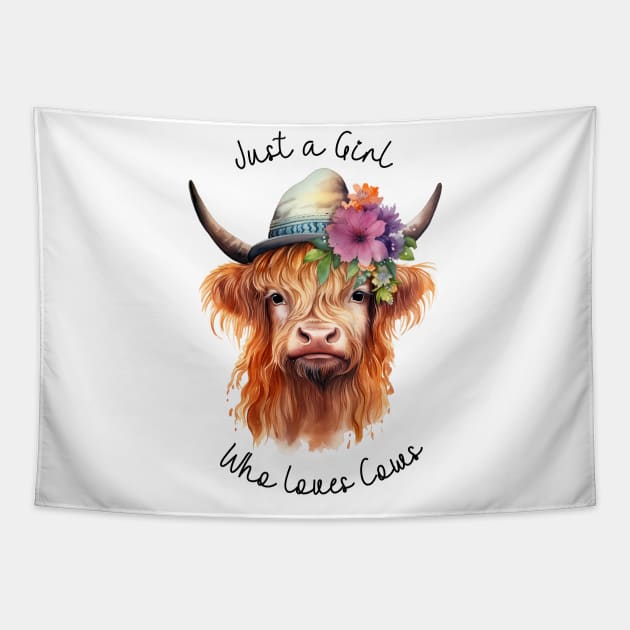 Just a Girl Who Loves Cows Highland Cow Watercolor Art Tapestry by AdrianaHolmesArt