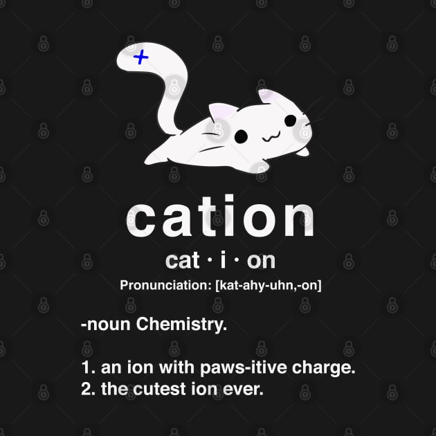 Cation. Cat with positive ion. Chemistry Pun. by labstud