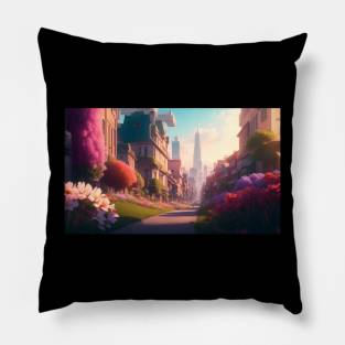 City street with beautiful flowers Pillow