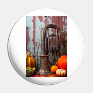 Old Tuba And Pumpkins Pin