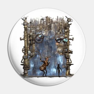 Cat Walking into Gothic Steampunk City Pin