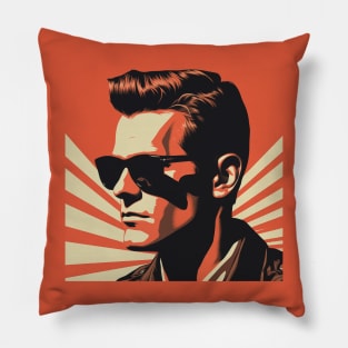 Vector Vintage Red Illustration – 1950s Gentleman with Dark Shades and Fashionable Hairstyle Amid Vintage Sunbeams. Pillow