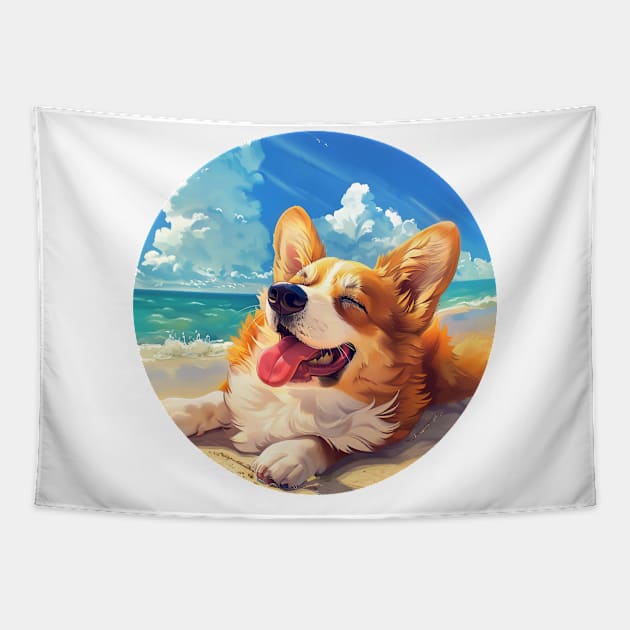 Summer happy corgi beach day Tapestry by beangeerie