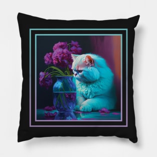 Curious Persian Cat Vibrant Tropical Flower Digital Oil Painting Portrait Pillow