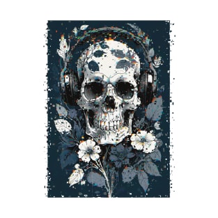 Skull with Headphones and Flowers Glitch Art T-Shirt