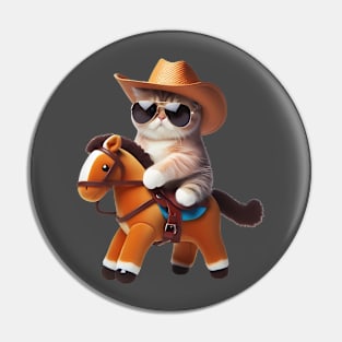 A cat wearing sunglasses and a cowboy hat riding a toy horse Pin