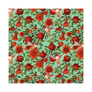Pomegranates and hummingbirds, red, green and jade T-Shirt