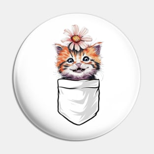 Peeking Cat In Pocket Cute Kitten With Daisy Flower On Head Pin