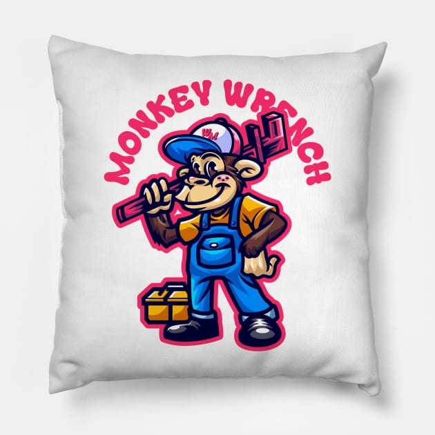 Monkey Wrench Happy Funny Car Mechanic Retro Cartoon Vintage Comic Pillow by REVISTANGO