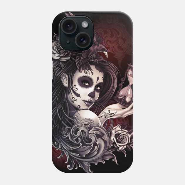 Sugar Skull day of the dead Girl with Crow Roses Phone Case by bomazu