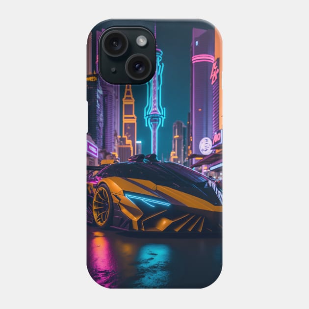 Dark Neon Sports Car in Japanese Neon City Phone Case by star trek fanart and more