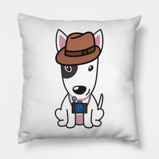 Funny Bull Terrier is holding a camera Pillow