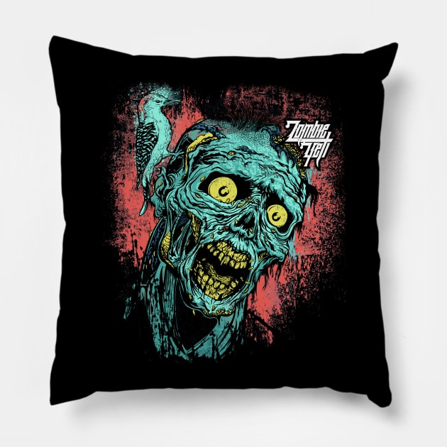 Zombie Meets Woodpecker LOGO Pillow by ZombieYeti
