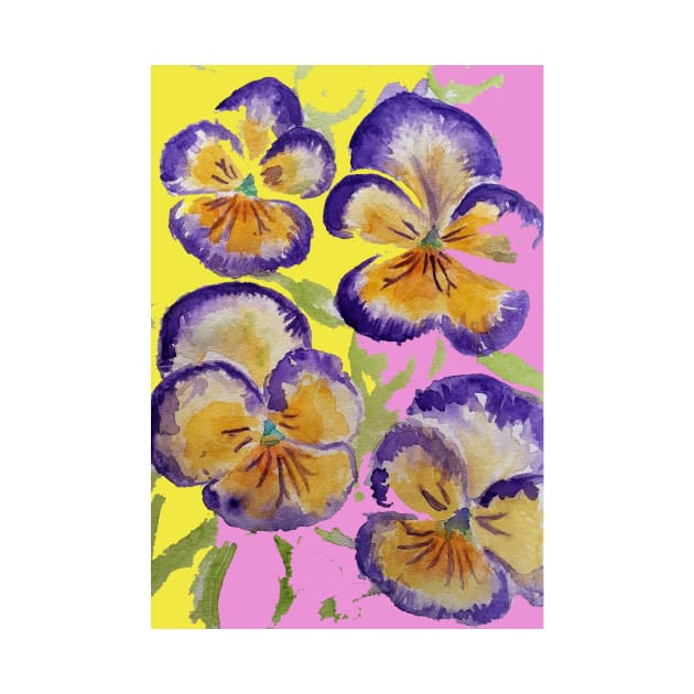 Viola Watercolor Purple Floral Pattern on Yellow and Pink by SarahRajkotwala