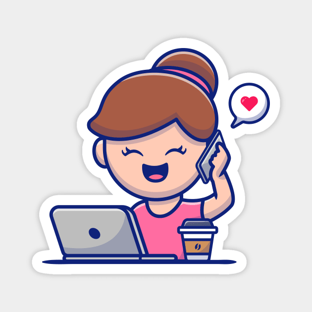 Girl Operating Laptop And Calling By Phone Magnet by Catalyst Labs