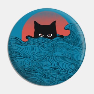 Great wave of red sun and kitty cat Pin