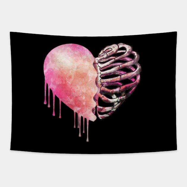 Skeleton rib heart, Broken, heart, watercolor design pink rib heart Tapestry by Collagedream