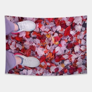 Autumn Walk leaves red purple orange and white nature pretty delicate Tapestry