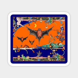 WEIRD MEDIEVAL BESTIARY,FLYING BATS IN NIGHT BLUE ORANGE ,UNICORN,KILLER RABBIT Magnet