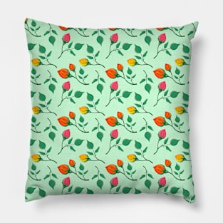 Floral pattern with yellow red and pink rose flowers on green backdrop Pillow