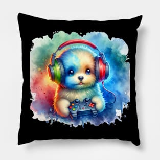 Adorable Gamer Puppy Watercolor Pillow