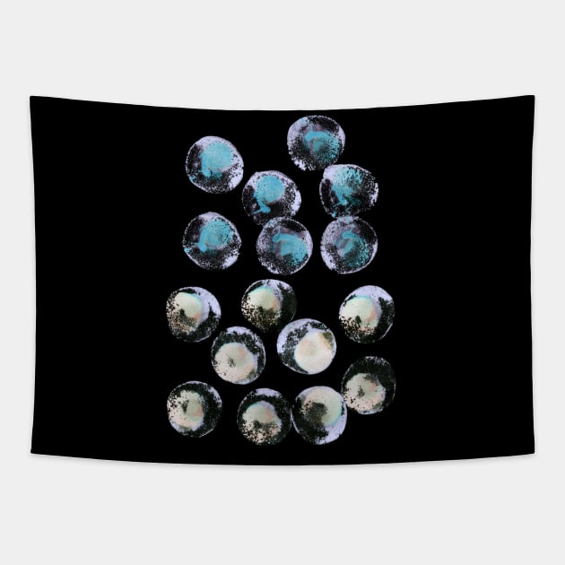 Simple abstract background with bubbles, confetti. Blue, rainbow watercolor dots (circles) on black. Perfect for greeting card, postcard, poster, logo, textile, fabric, packaging, wrapping paper. Tapestry by Olesya Pugach